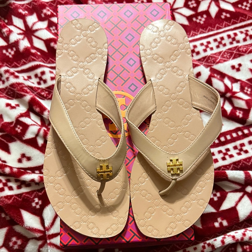 Tory Burch Tan Sandals with Gold Emblem